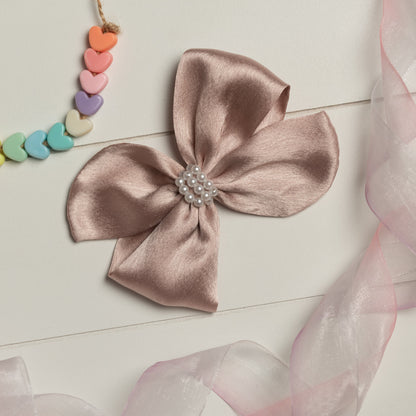 Ribbon Candy - Pearl Detailed Cute Satin Bow on Alligator clip - Dusty Pink